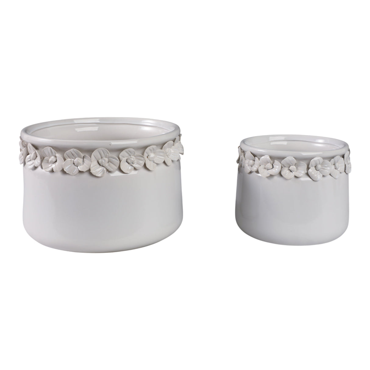 S/2 7/10" FLORAL APPLIQUE PLANTER, WHITE