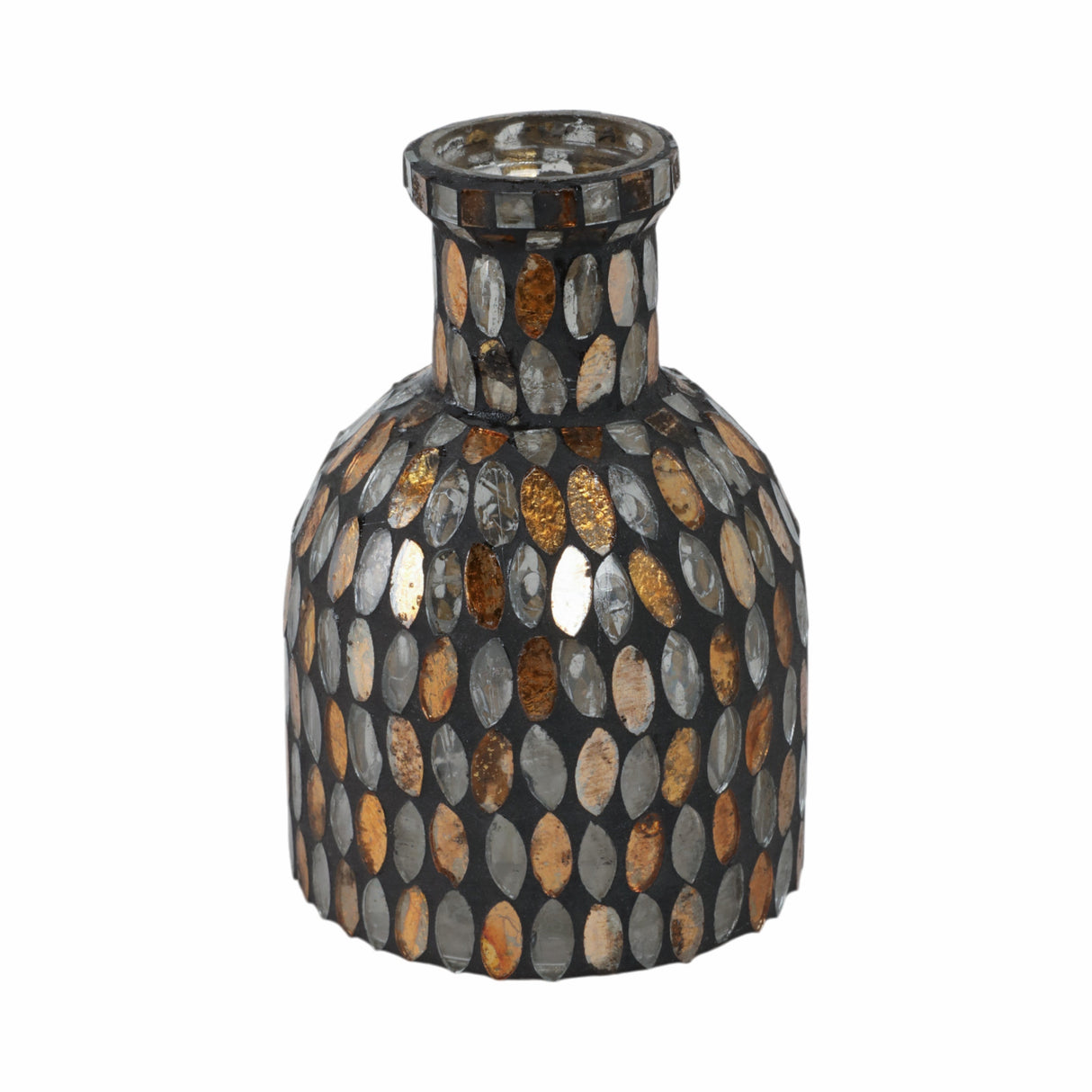 GLASS, 6"H MOSAIC VASE, COPPER