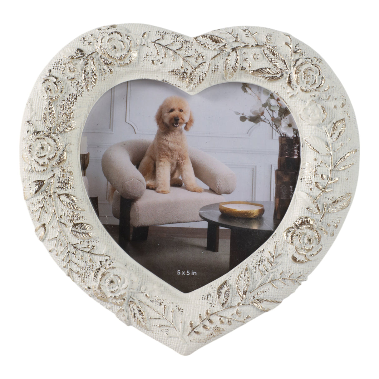 5x5 Stitched Border Heart Photo Frame, Ivory/gold