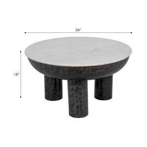 33" Chunky Leg Coffee Table Marble Top, White/blk