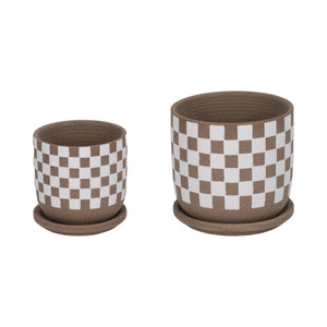 S/2 5/6" Checkerboard Saucer Planters, White/tan