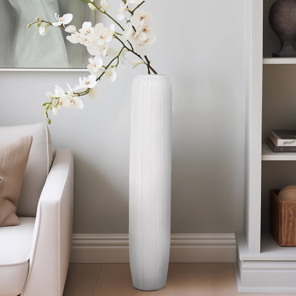 48" Rough Cylinder Floor Vase, White