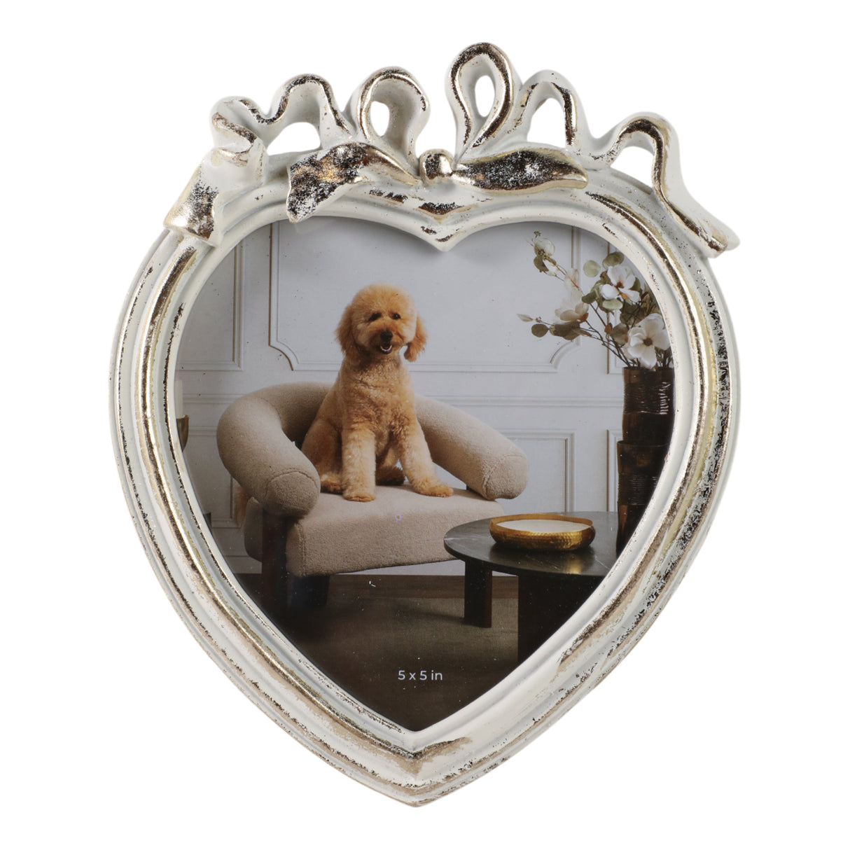 5x5 Heart Photo Frame With Bow, Ivory/gold