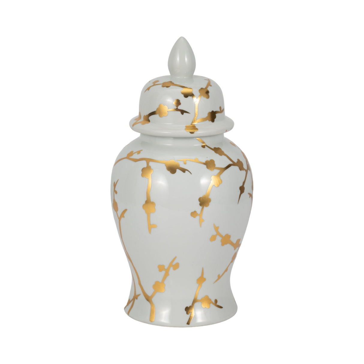 14" Gold Cherry Blossom Temple Jar, White