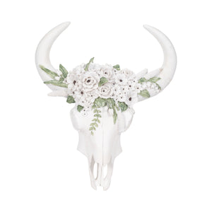 13" Bull Skull With White Flowers, White