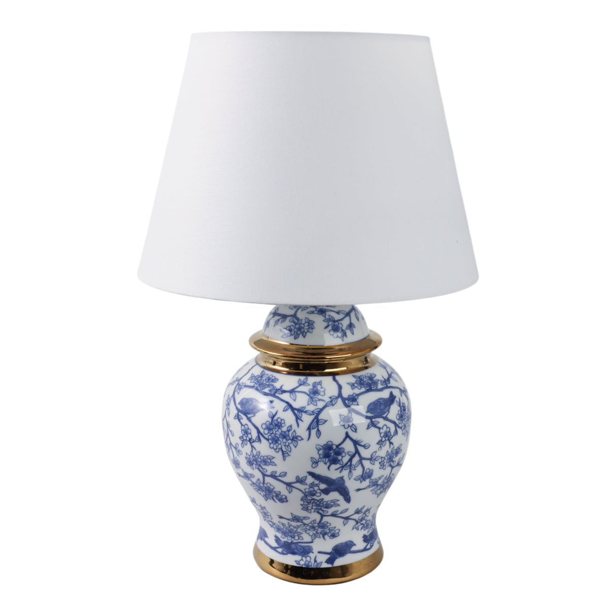 19" Chinoiserie Birds Table Lamp Gold Trim, White/
