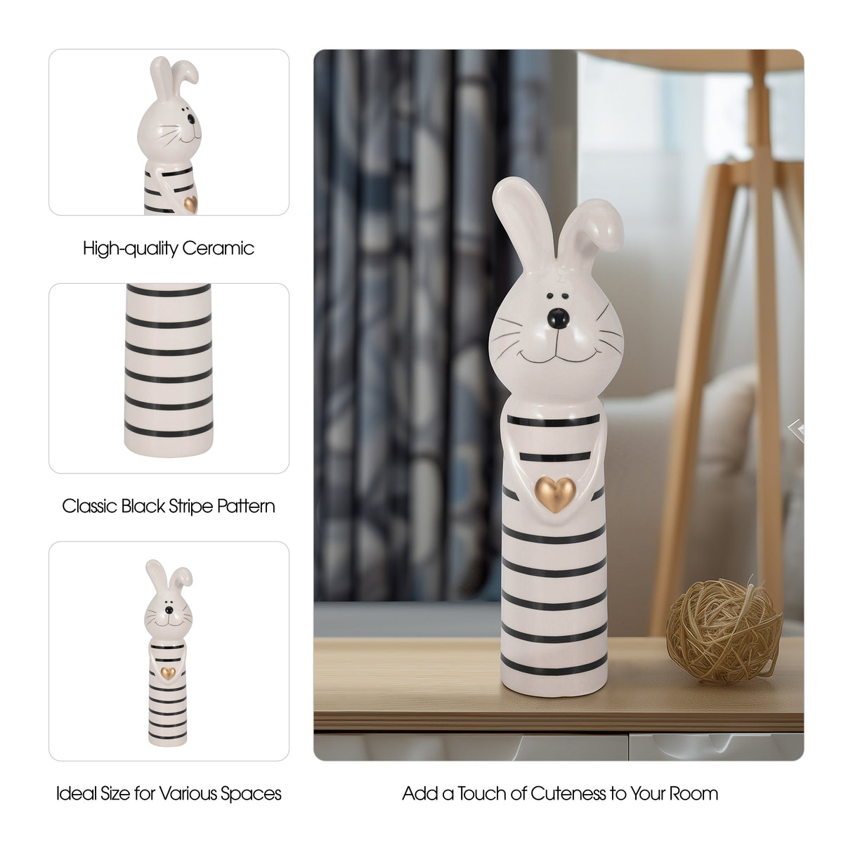 10" Lines Bunny With Gold Heart, White/black