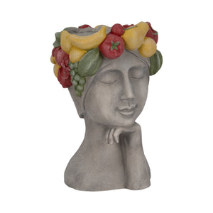 18" Lady With Fruit Planter, Grey/multi