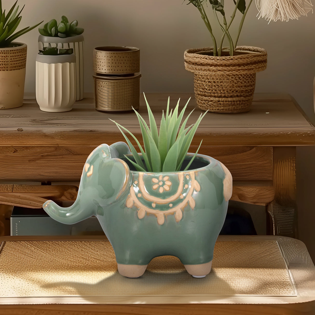 7" Elephant Planter, Green