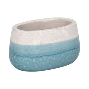 7" Oval Reactive Crackle Finish Planter, Blue/whit