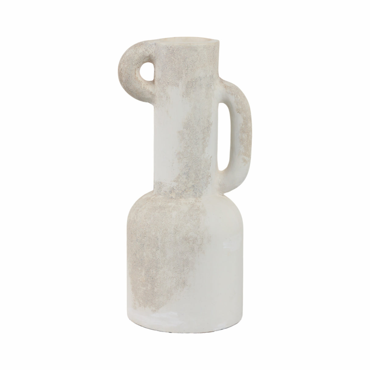19" ASYMMETRICAL EARED TERRACOTTA VASE, WHITE