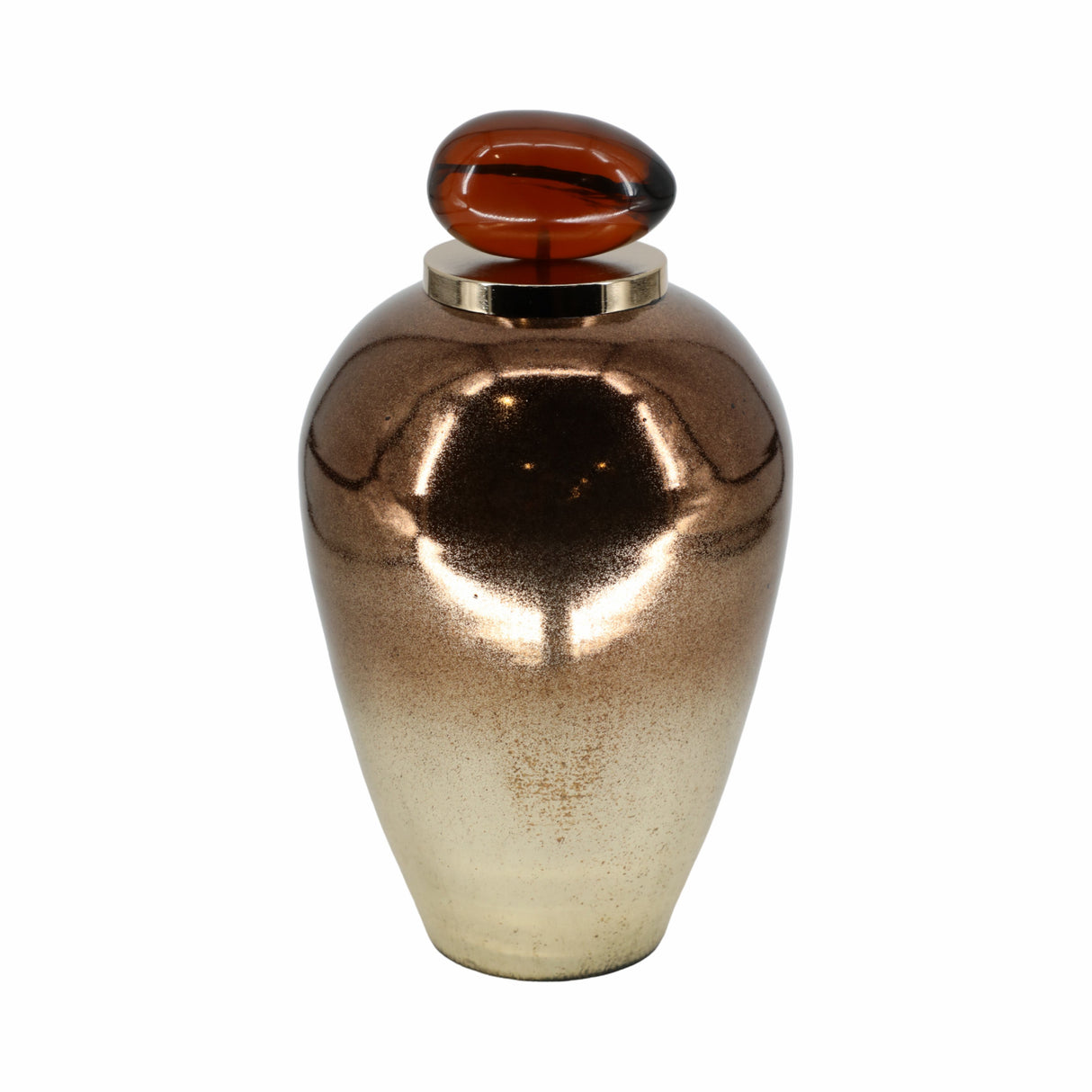 GLASS, 17" TEMPLE VASE W/ RESIN TOPPER, COPPER