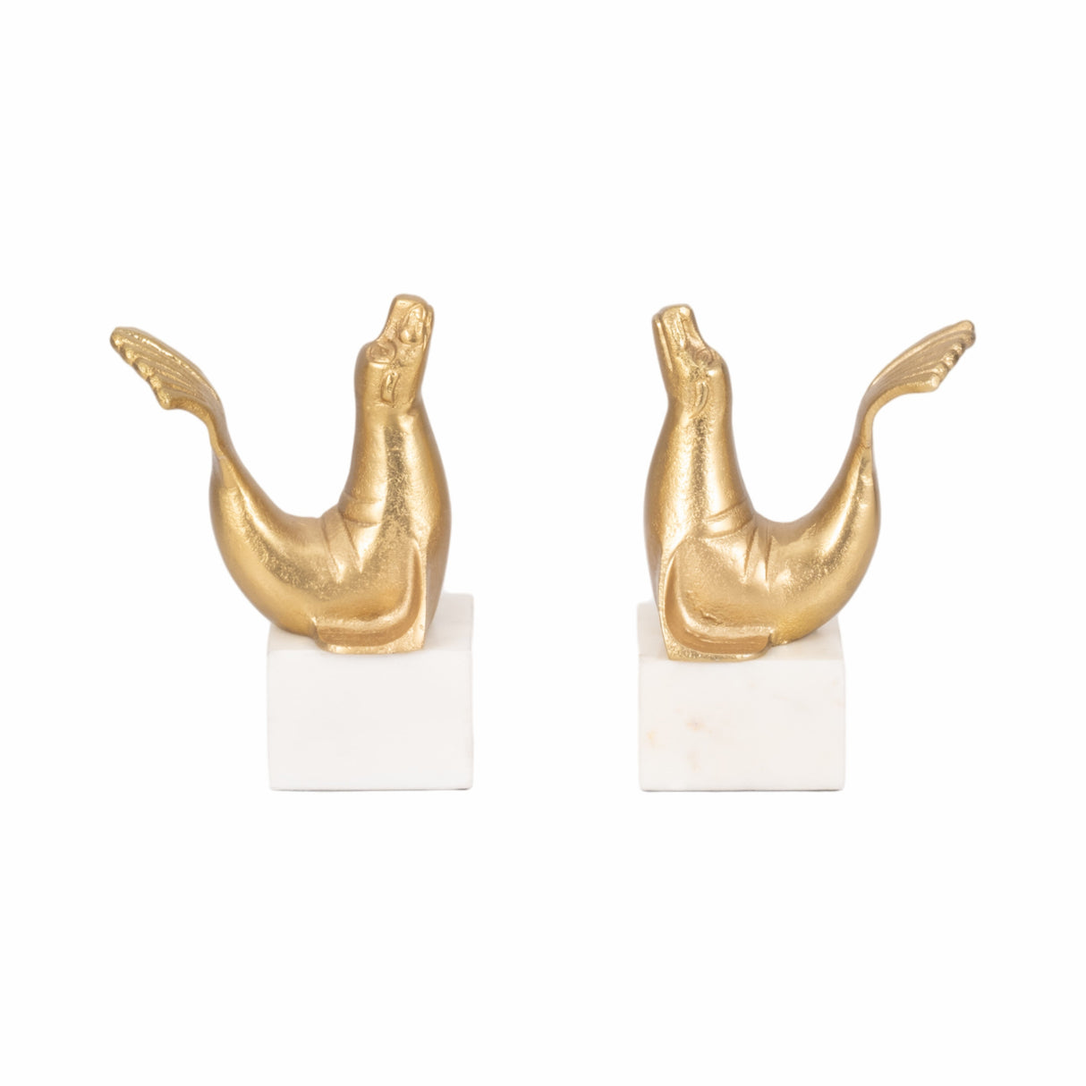 S/2 10" Sea Lion Bookends, Gold