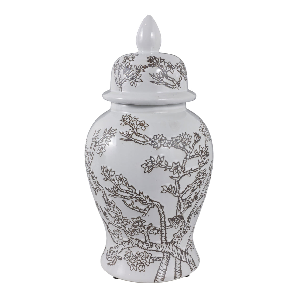 14x7" Cherry Blossom Temple Jar, White/ Brown