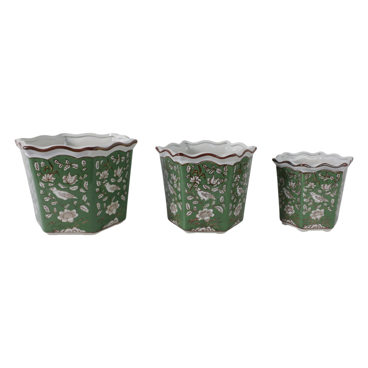 S/3 8/10/12" Chinoiserie Bird Planters, Green/whit