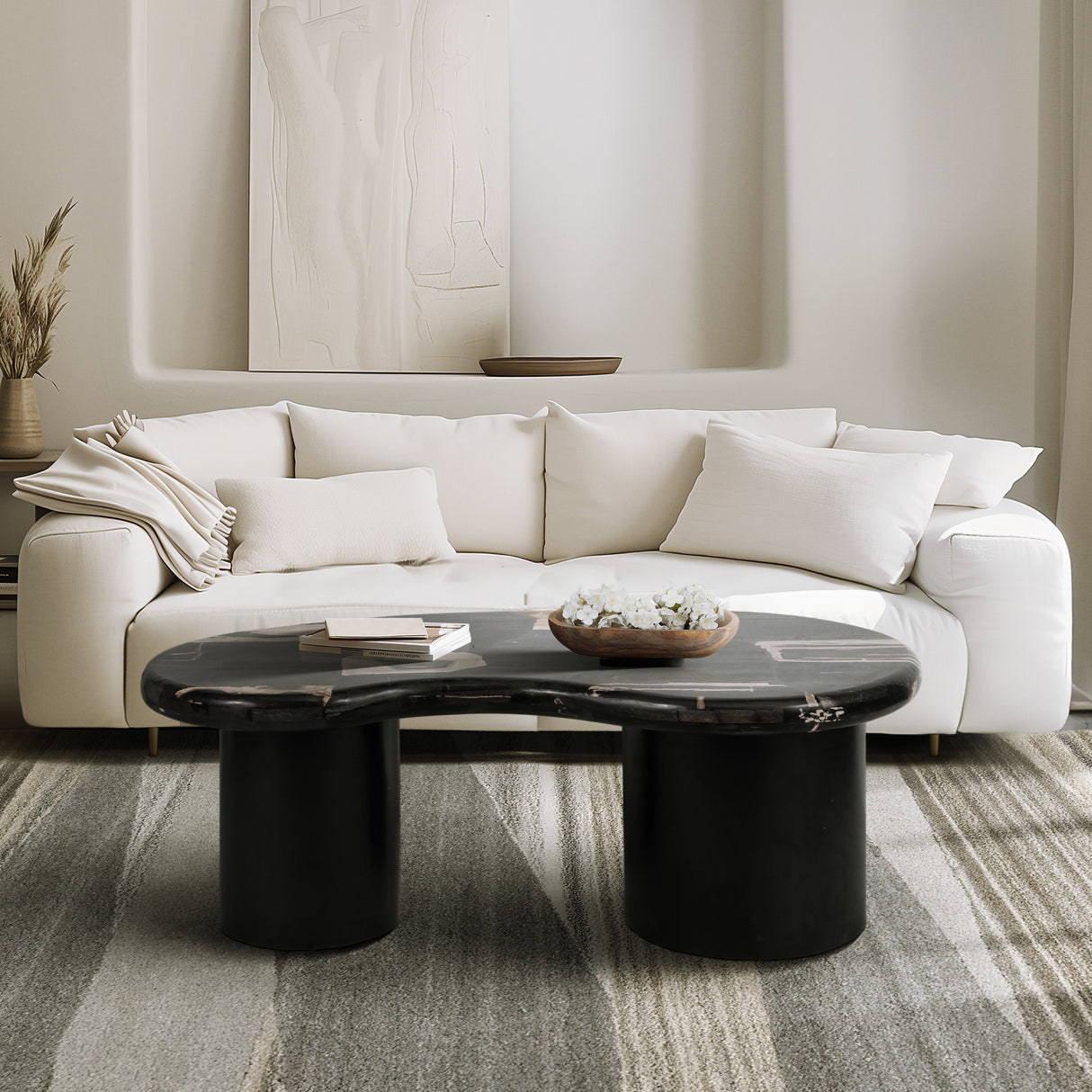 Petrified Wood, 51" Kidney Coffee Table, Black