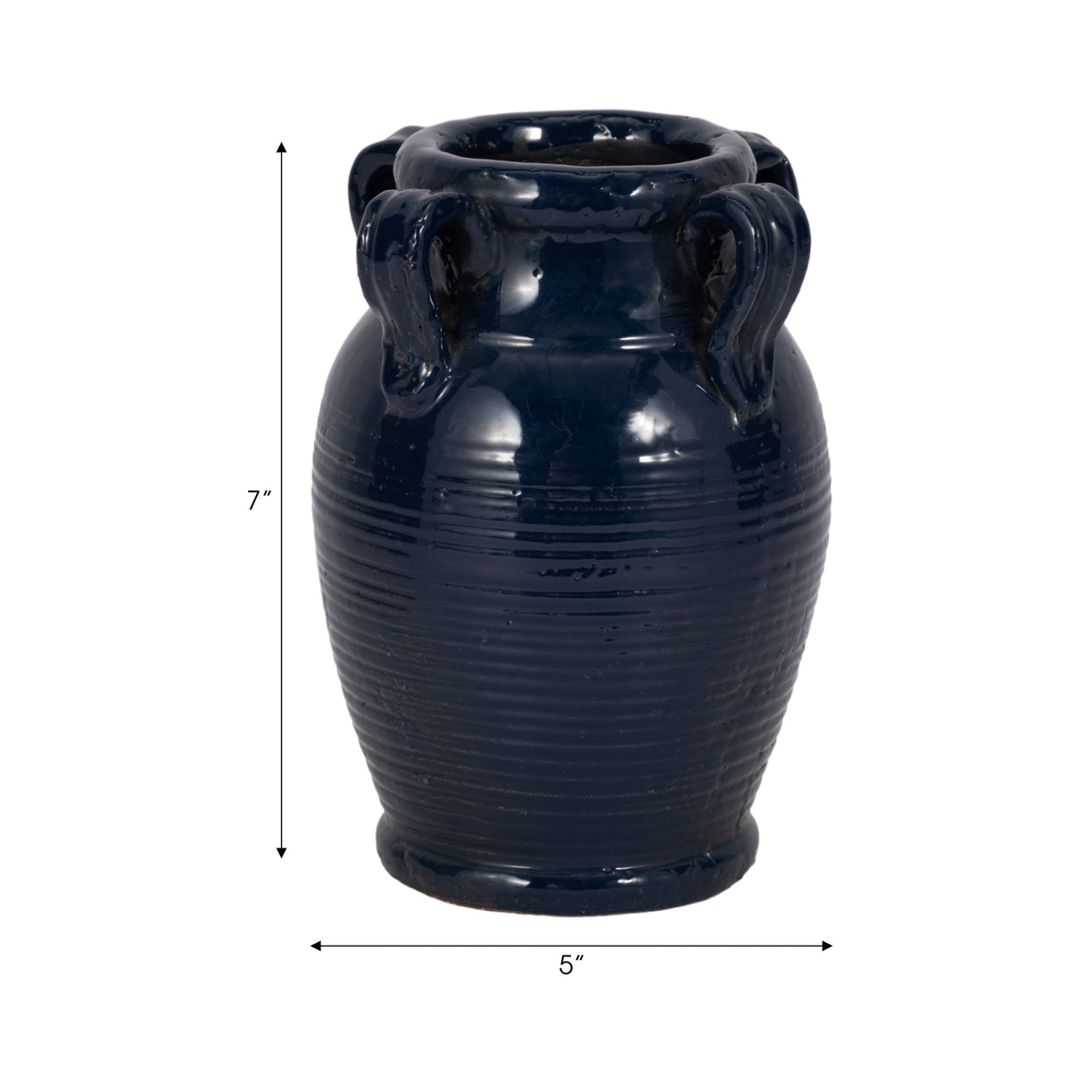 7" Terracotta Vase With Handles, Navy Blue