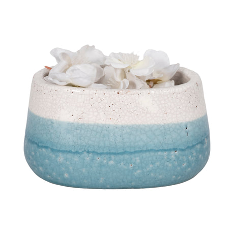 7" Oval Reactive Crackle Finish Planter, Blue/whit