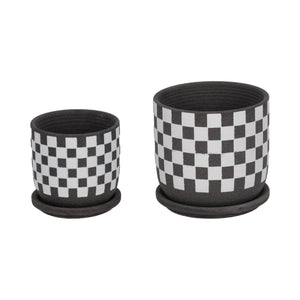 S/2 5/6" Checkerboard Saucer Planters, Black/white