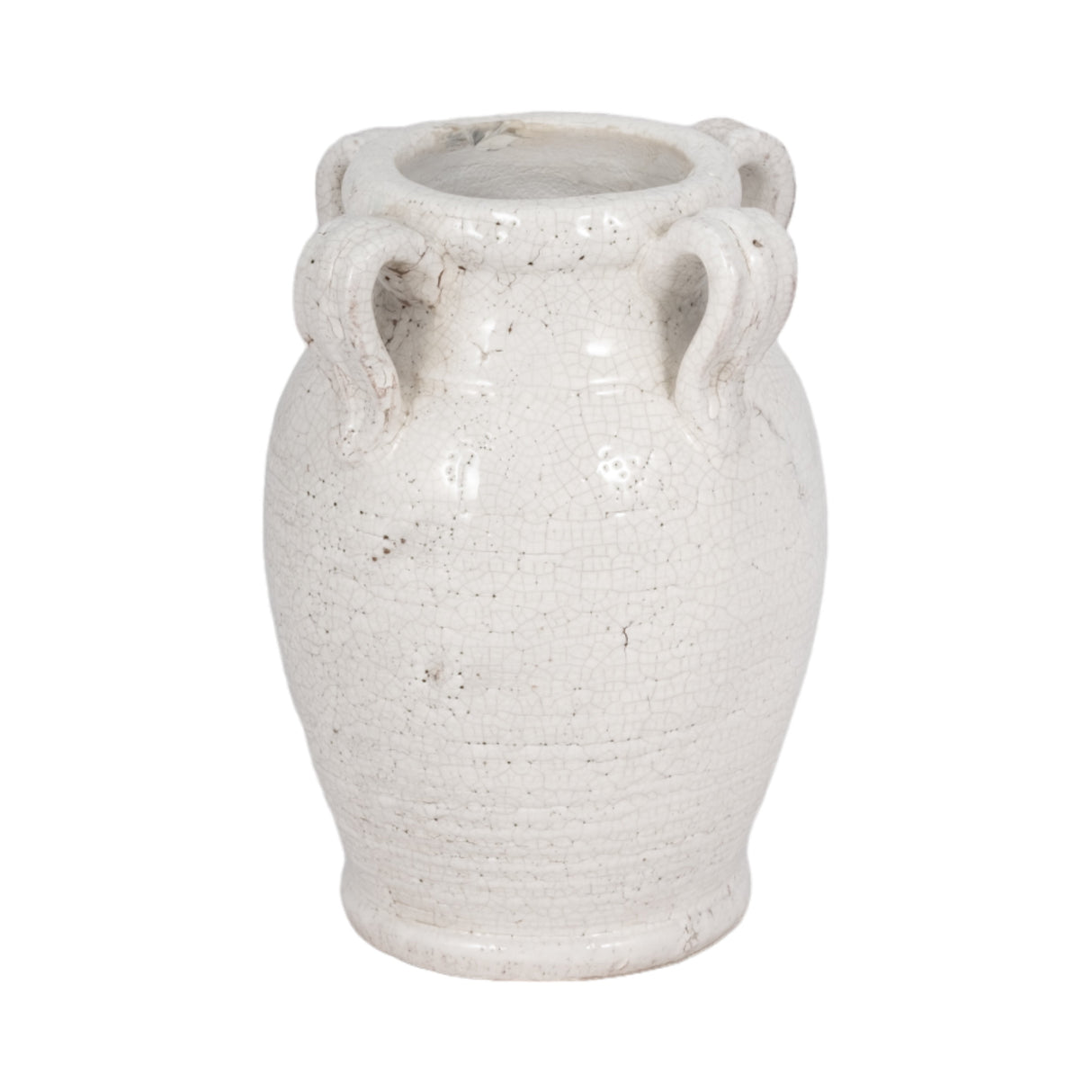 7" Terracotta Vase With Handles, White Crackle