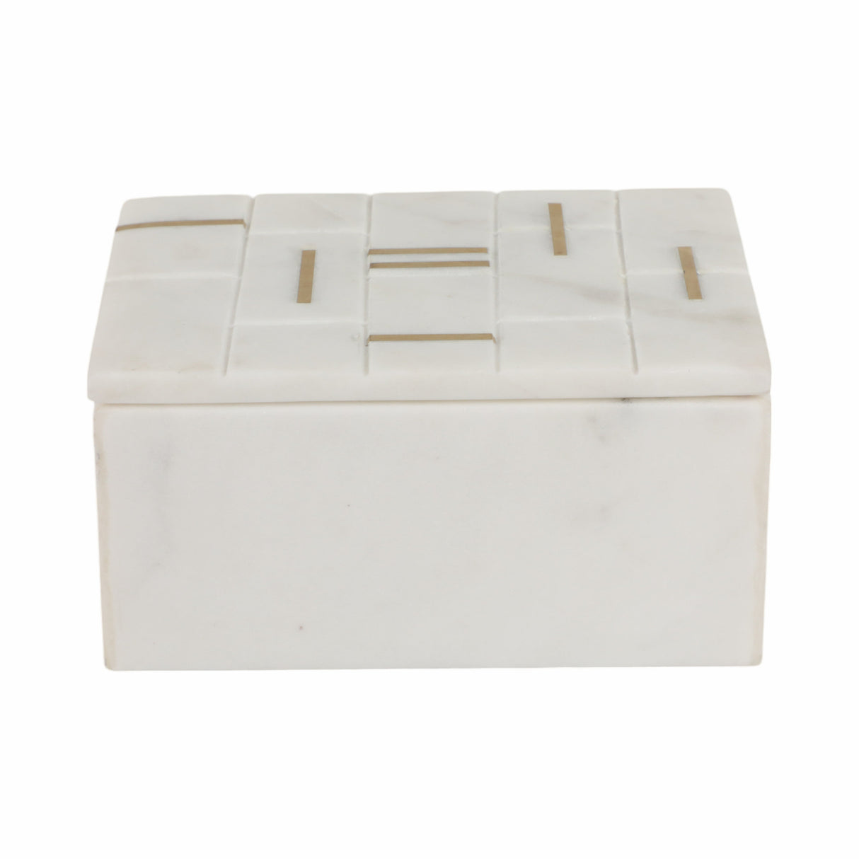 6" White Marble Box With Brass Inlay, White/gold