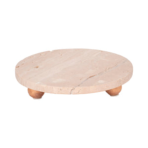 10" Travertine Tray On Wood Ball Feet, Tan