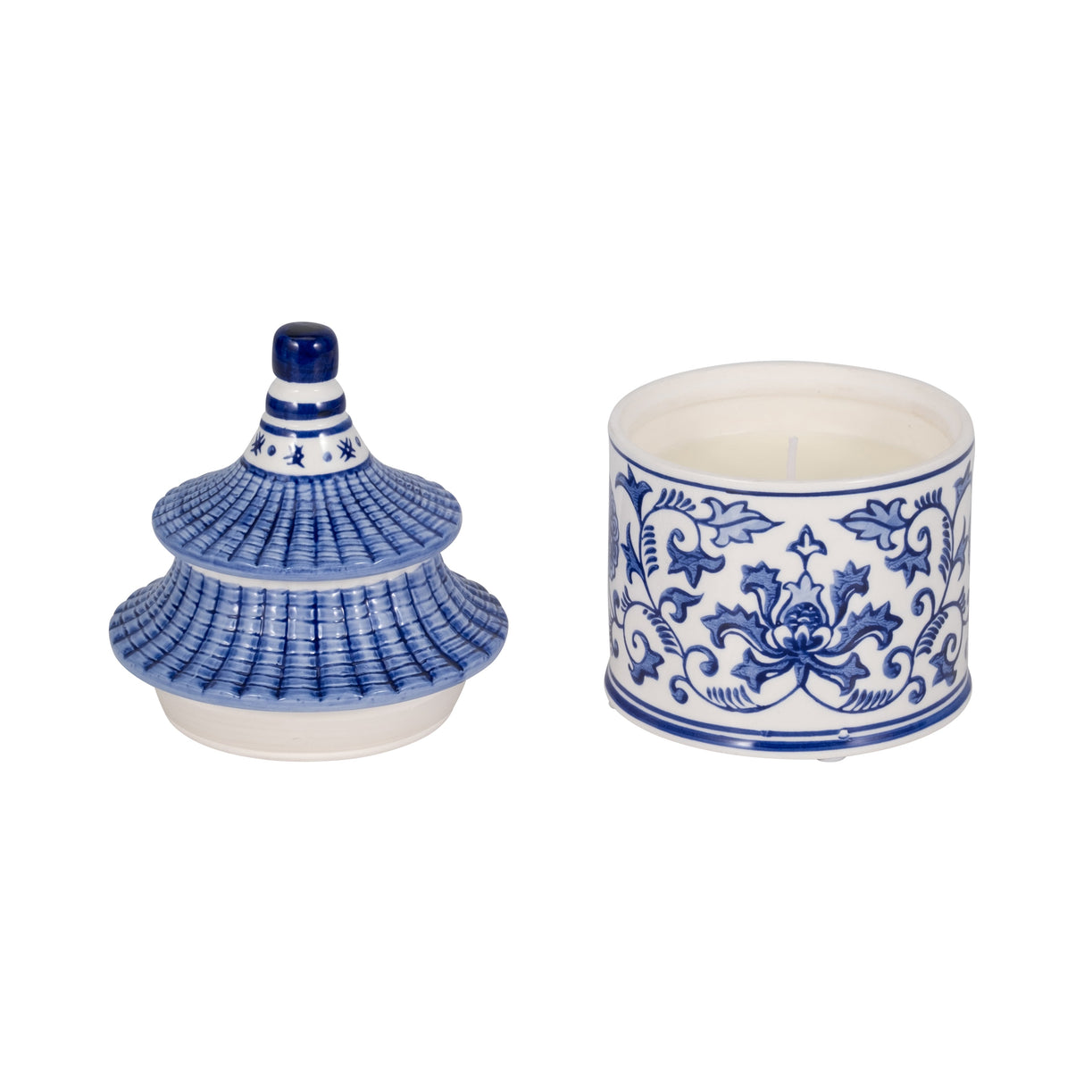 8" 9oz Plumeria Chinoiserie Pagoda Candle,blu/wht