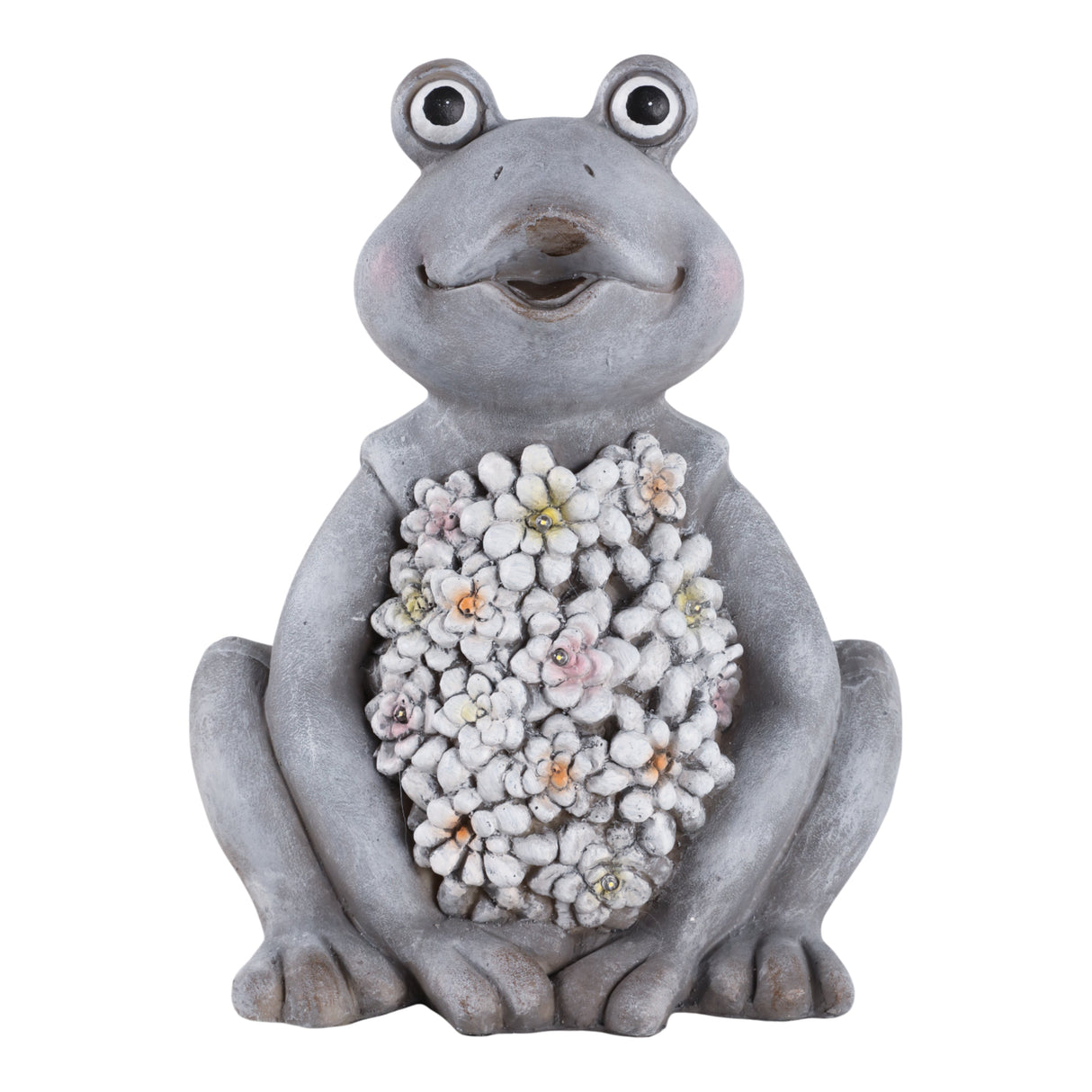 13x10" Sitting Frog With Solar Flowers, Grey Multi