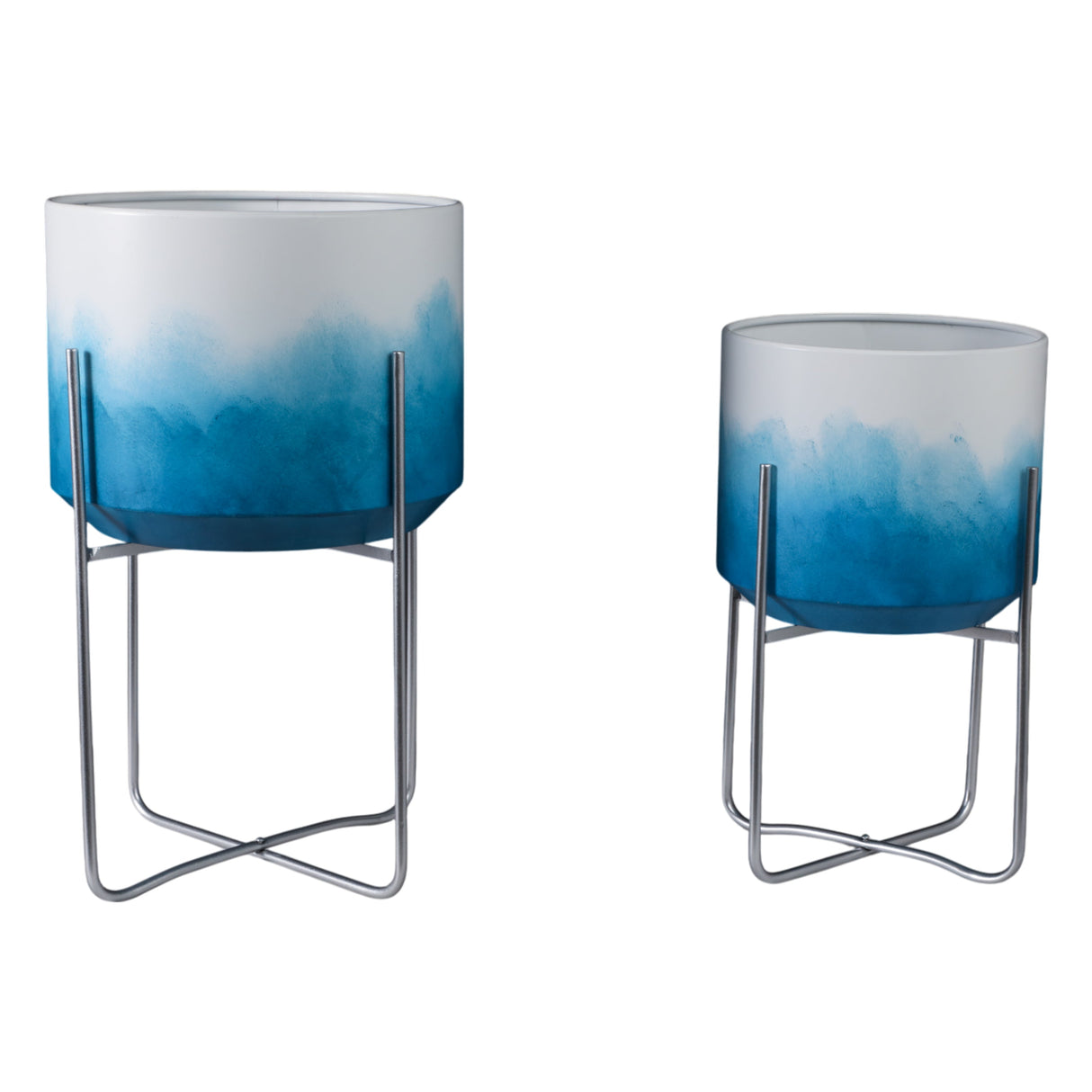 S/2 19/23" Ombre Metal Planters On Stands, Blue Kd