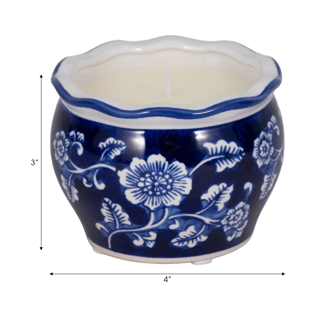 4", 7oz Round Chinoiserie Candle , Blue/white