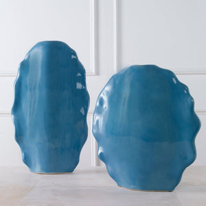 Ruffled Feathers Vases, Blue, S/2