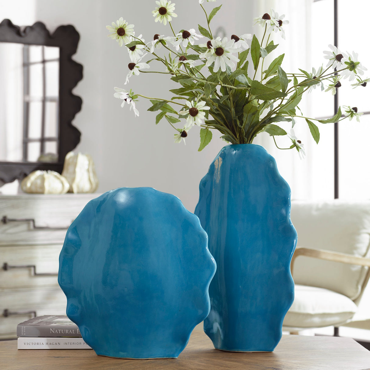 Ruffled Feathers Vases, Blue, S/2