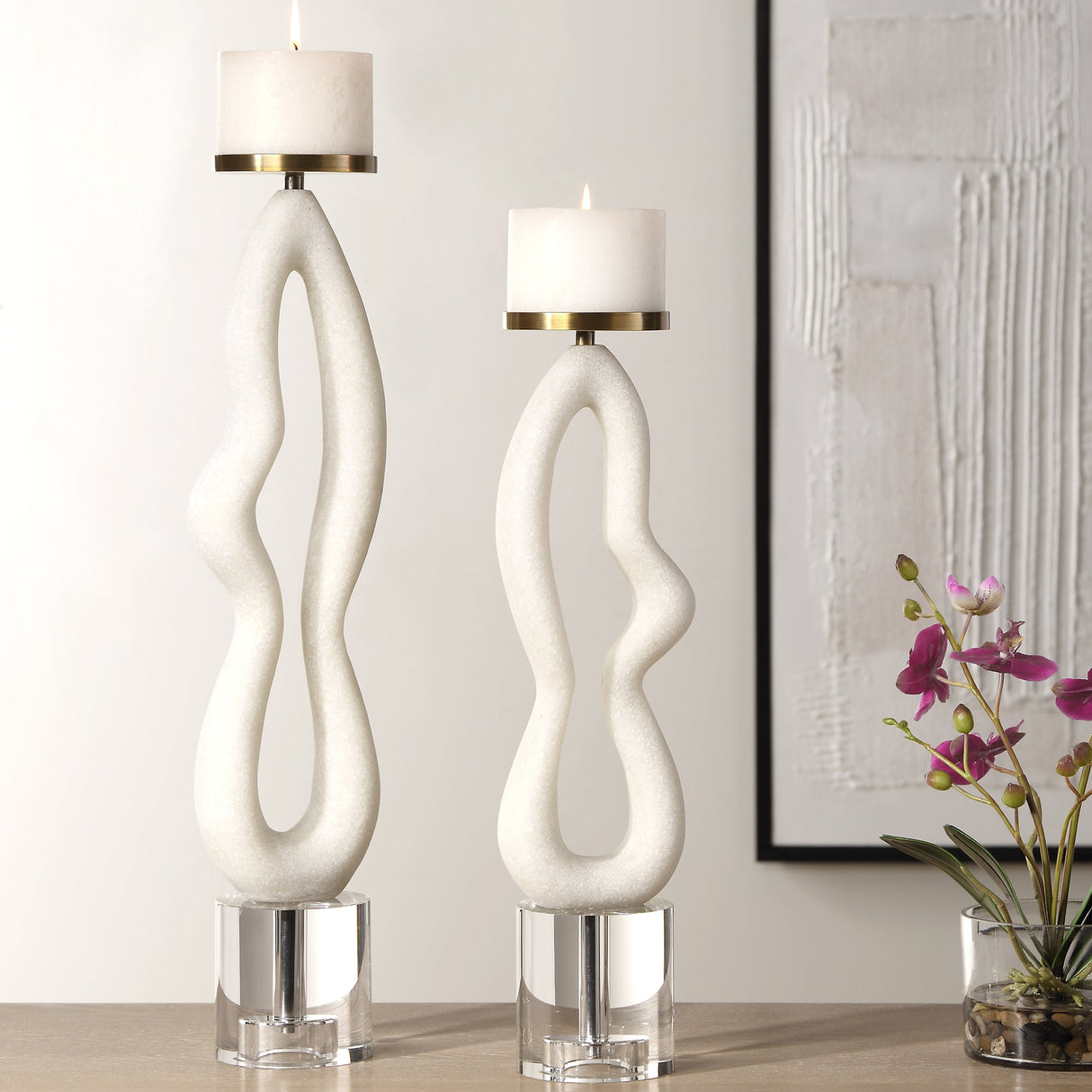 Feamelo Ivory Stone Candleholders, S/2