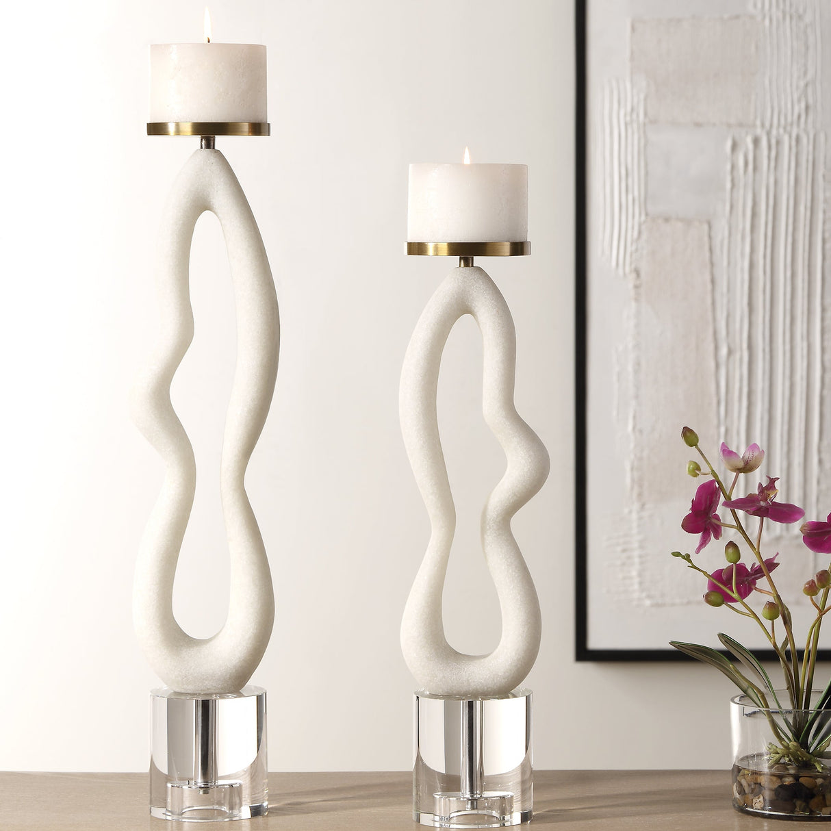 Feamelo Ivory Stone Candleholders, S/2