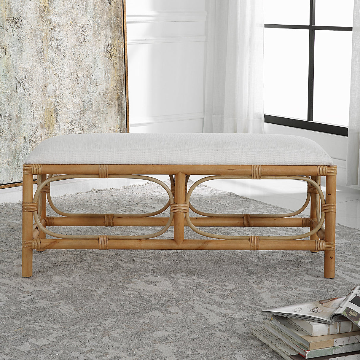 Uttermost Laguna White Fabric Rattan Bench