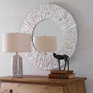 Teak Branch Round Mirror, White