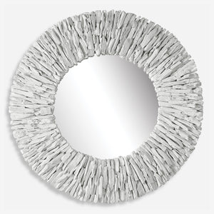 Teak Branch Round Mirror, White