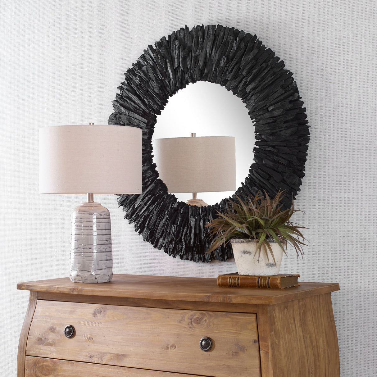 Teak Branch Round Mirror, Black