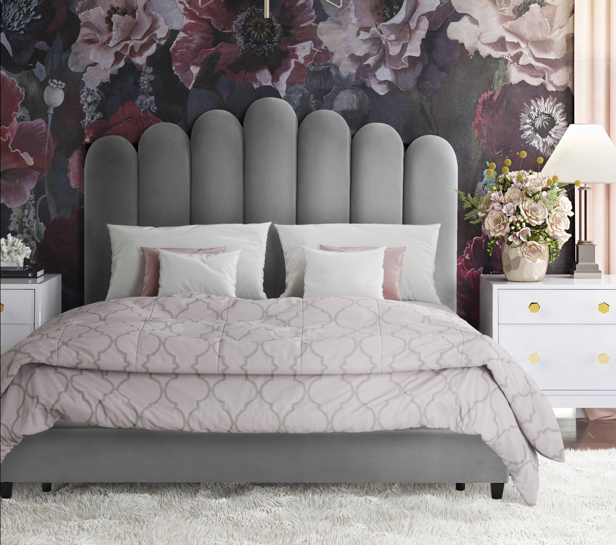 Celine Grey Velvet Bed in Queen