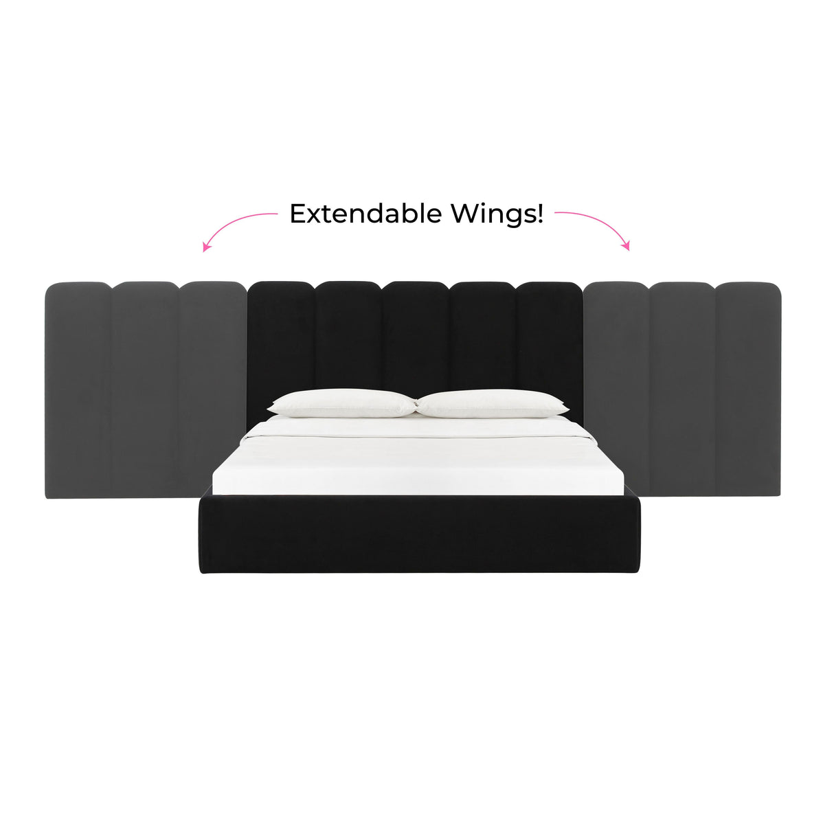 Palani Black Velvet Queen Bed with Wings