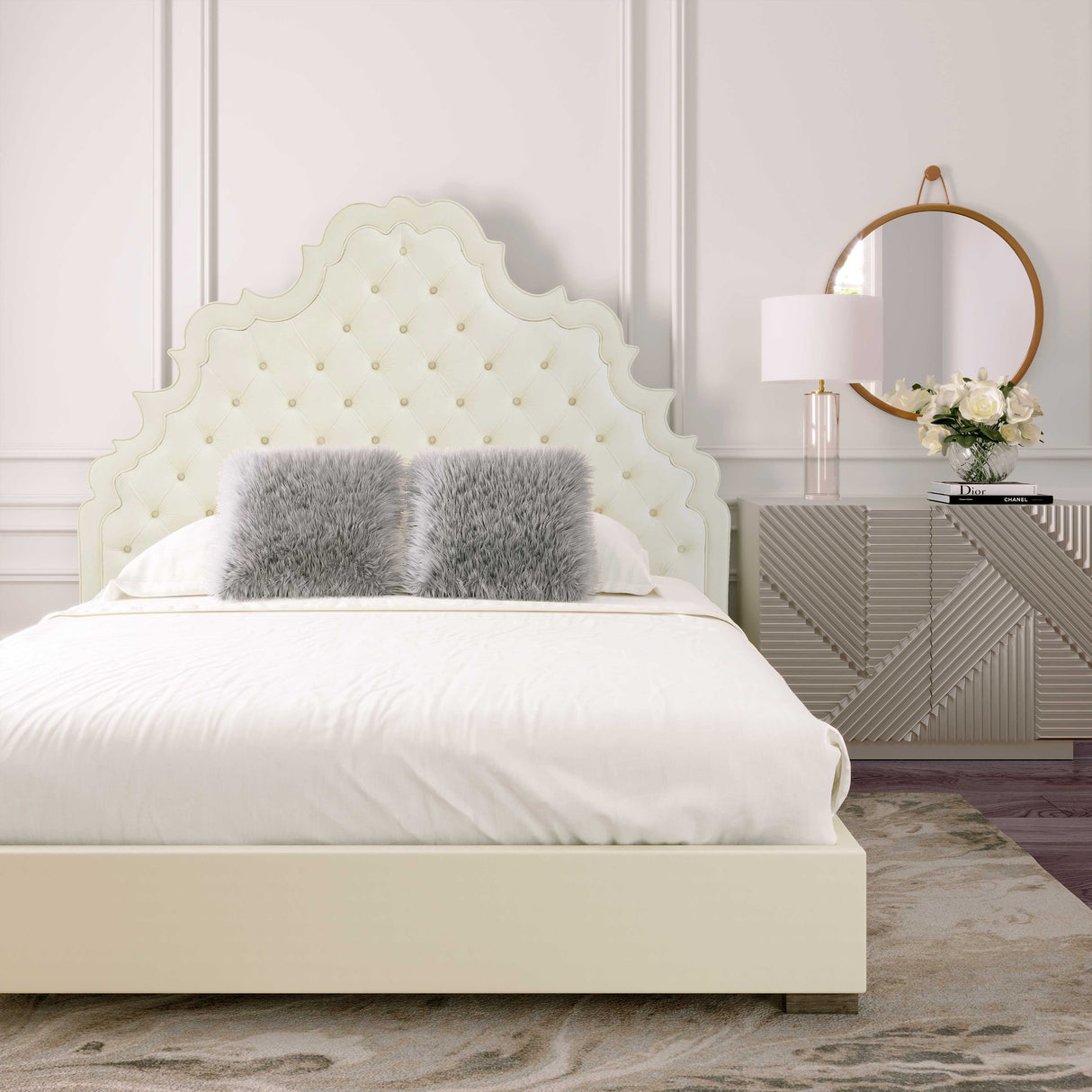 Carolina Cream Velvet Bed in Queen