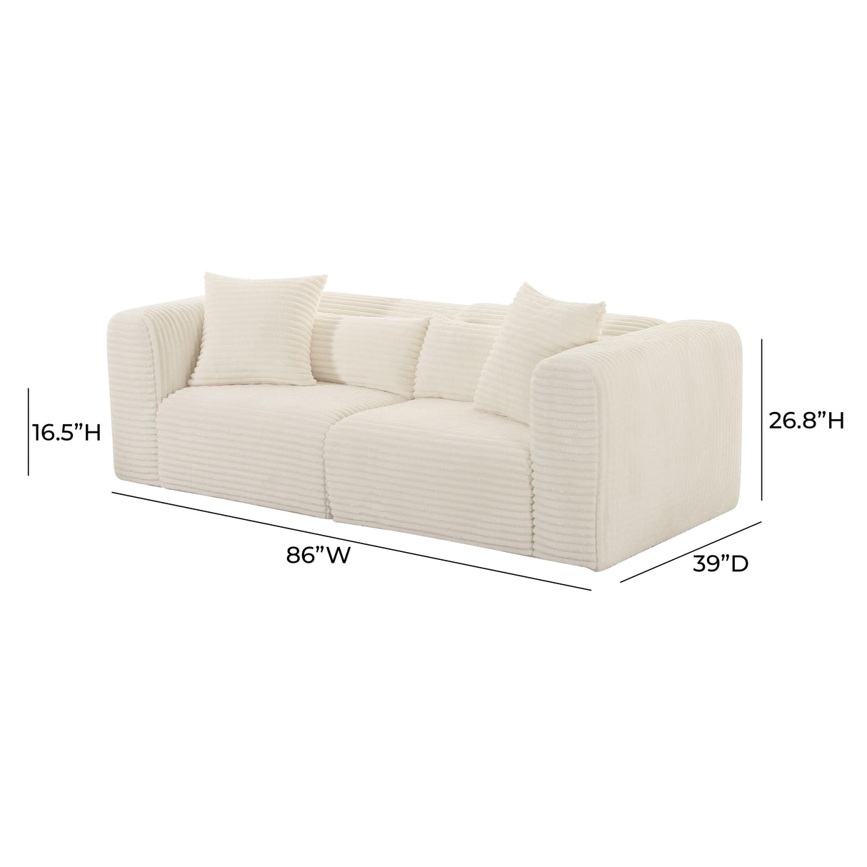 Tarra Fluffy Oversized Cream Corduroy Modular Loveseat