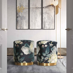 Opal Floral Velvet Ottoman - Gold Base