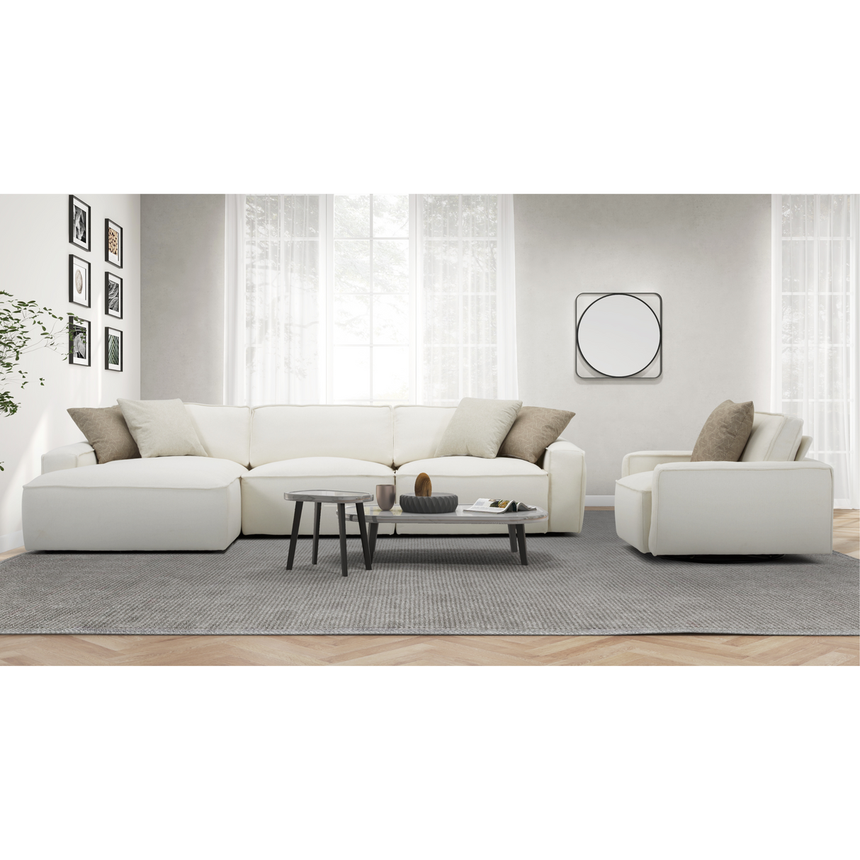 Moscow White Sectional + Swivel Chair