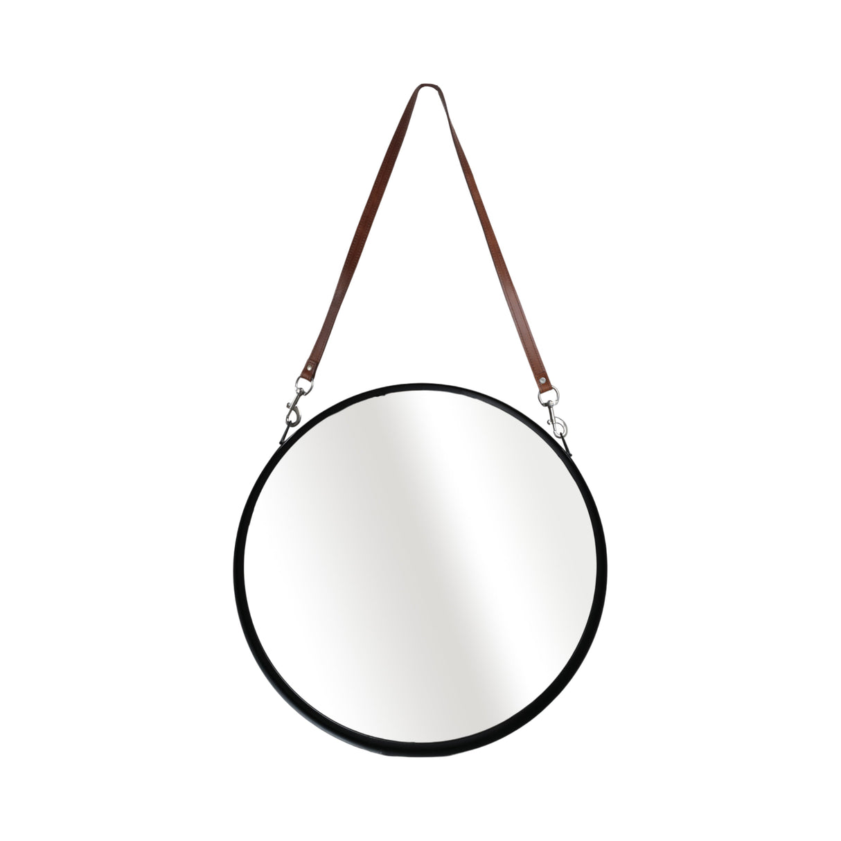 28" ROUND MIRROR W/ LEATHER STRAP, BLACK