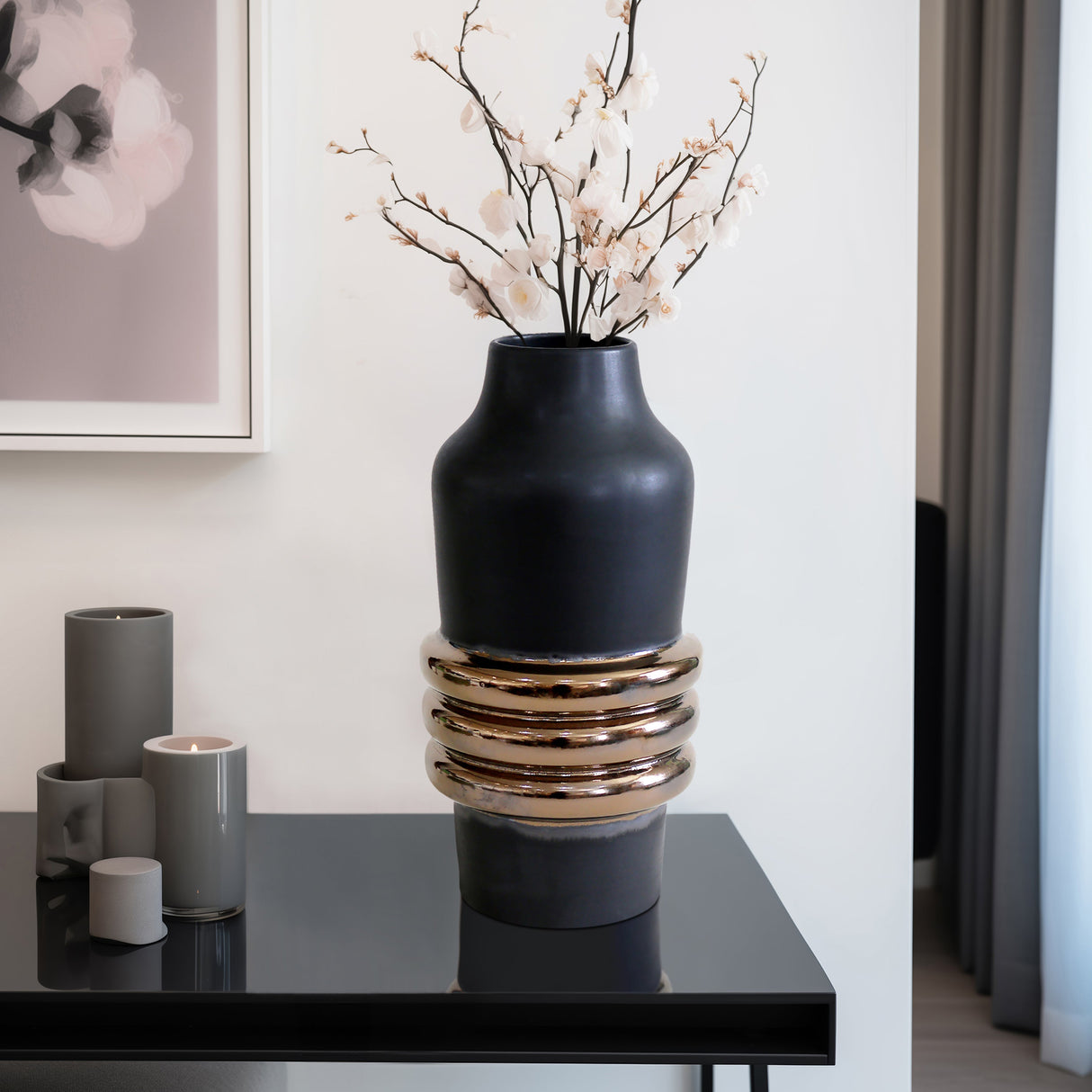 19" Calorin Oversized Tribal Vase, Black/gold