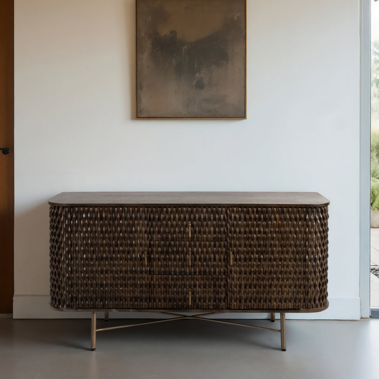 60" Carved Wood Console, Brown/gold