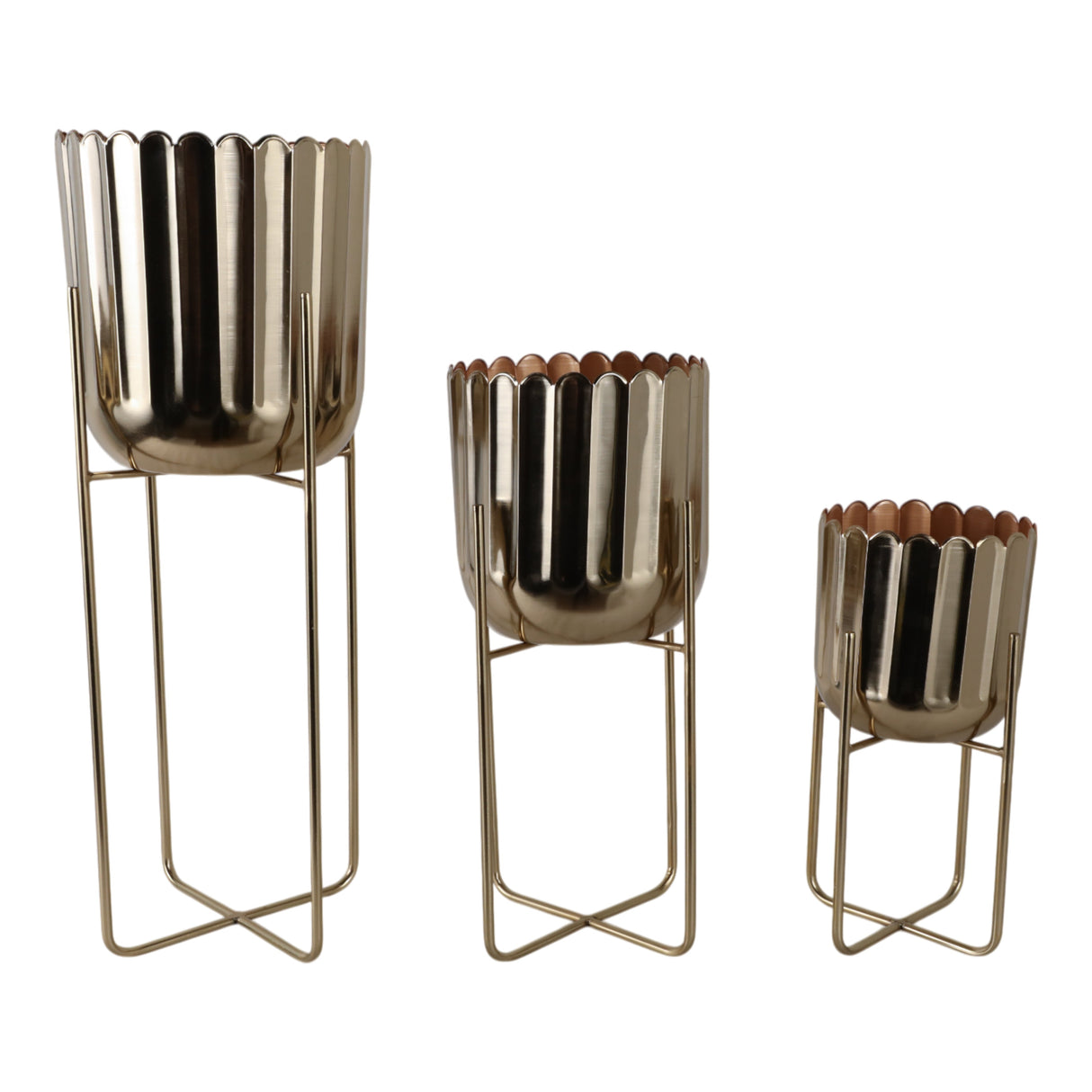 S/3 15/20/27" Scallop Metal Planter On Stand, Gold