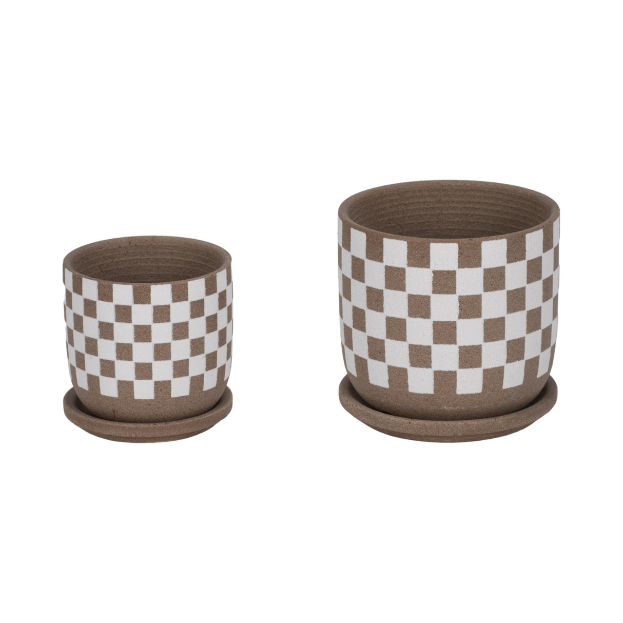 S/2 5/6" Checkerboard Saucer Planters, White/tan