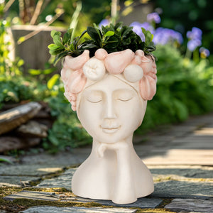 18" Lady With Flower Crown Planter, White/pink